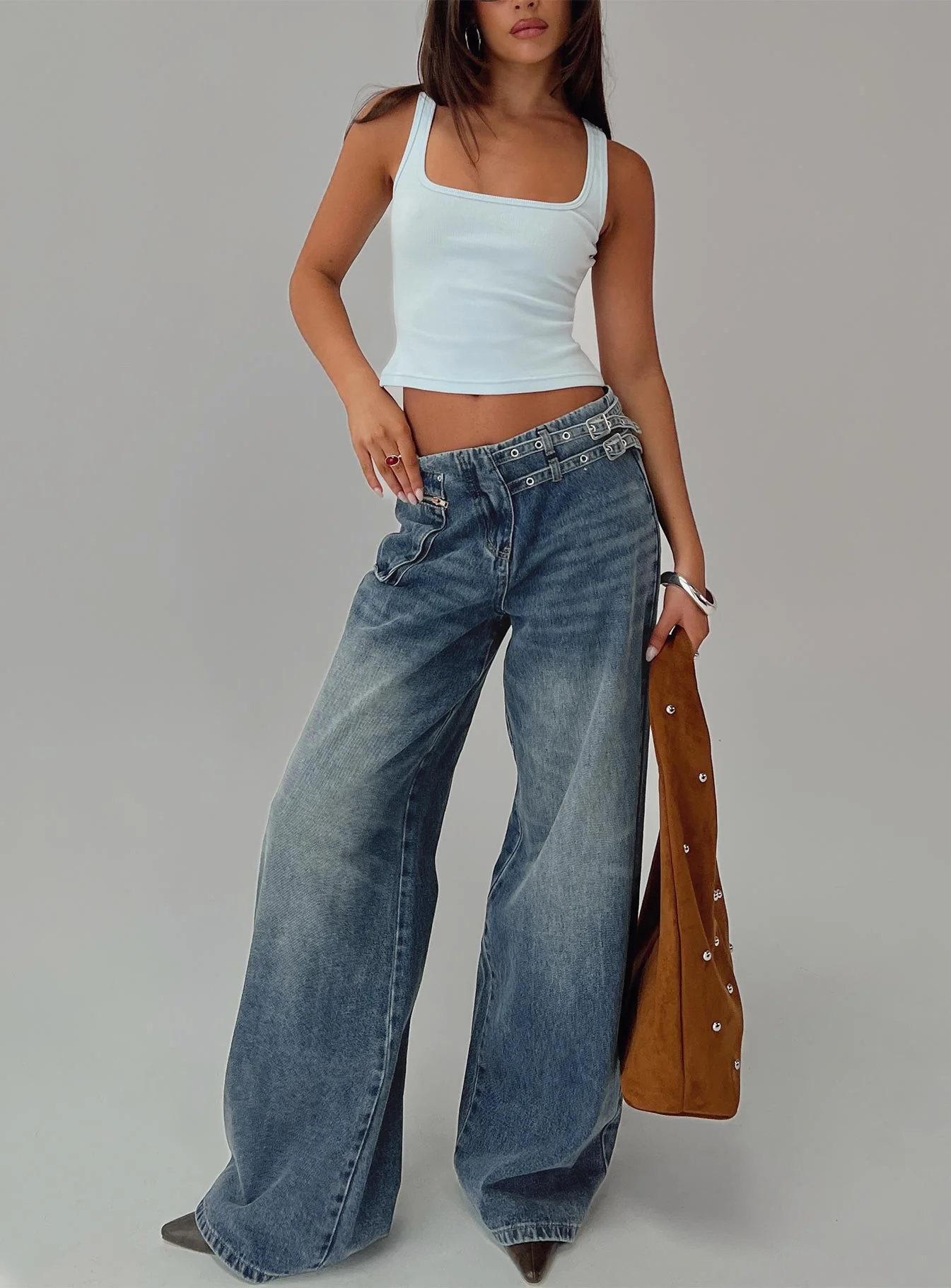 Paltrow Mid Rise Wide Leg Cargo Jeans Mid Blue Wash Petite
