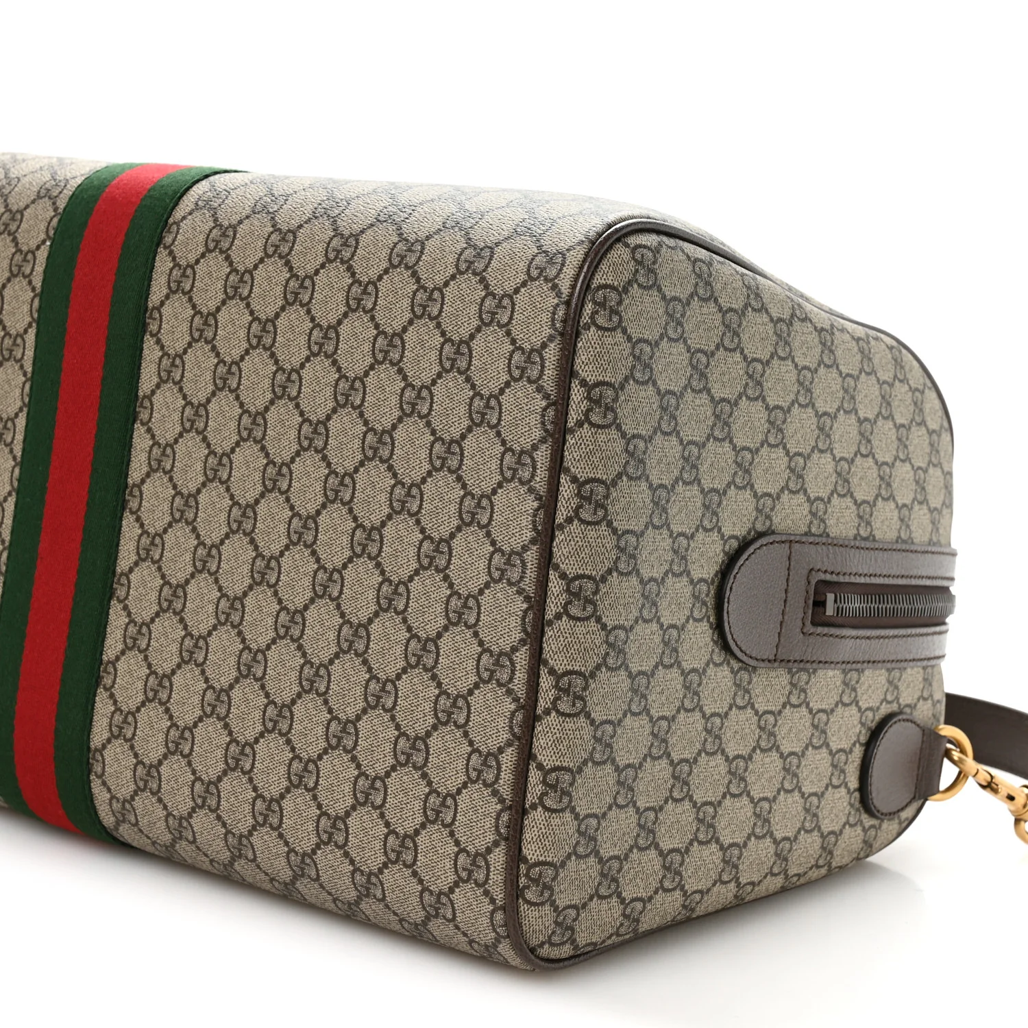 GG Supreme Monogram Textured Dollar Calfskin Web Medium Savoy Duffle Bag Beige Dark Brown - Top Club