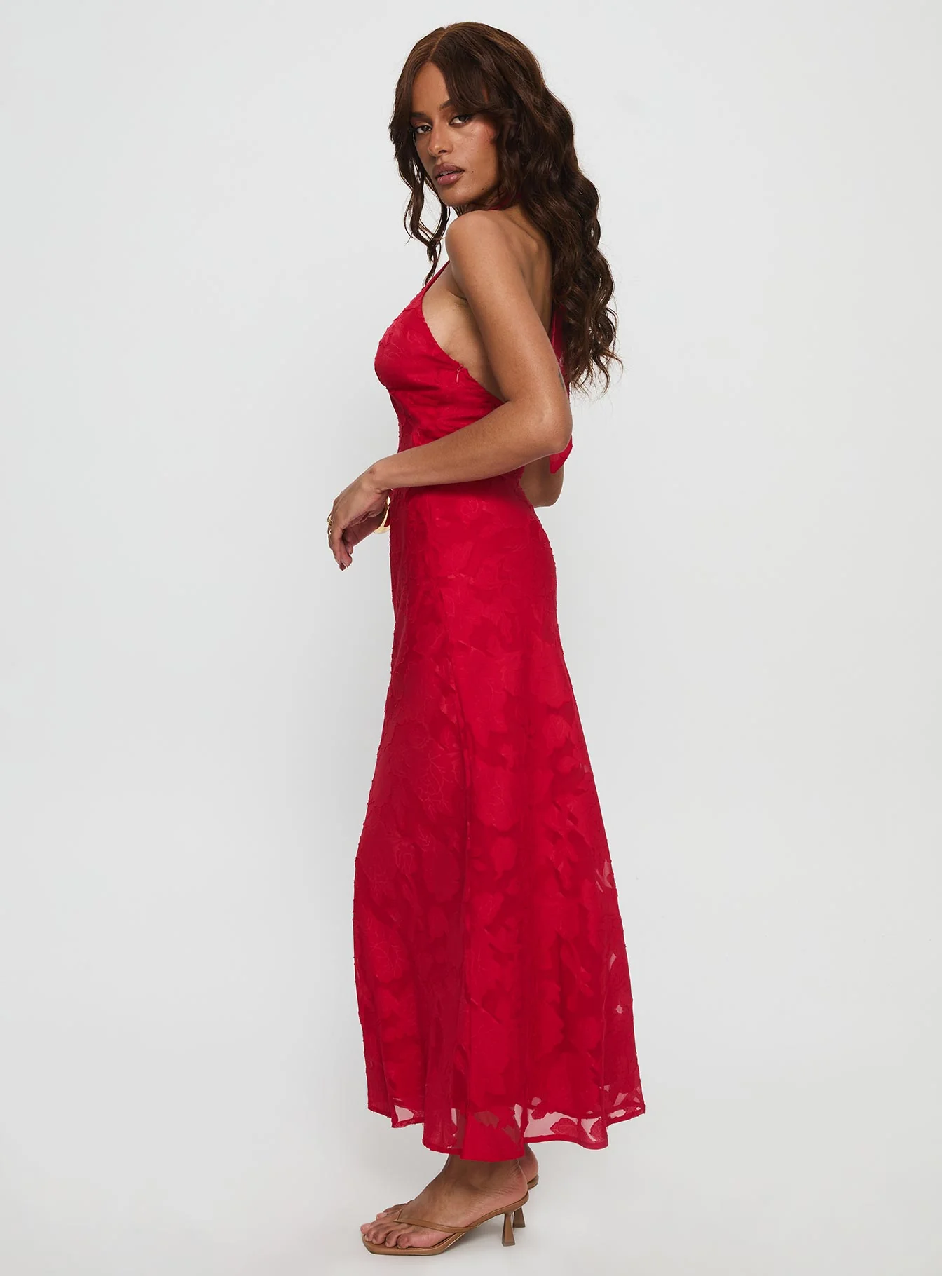 Ending Credits Halter Twist Maxi Dress Red Burnout