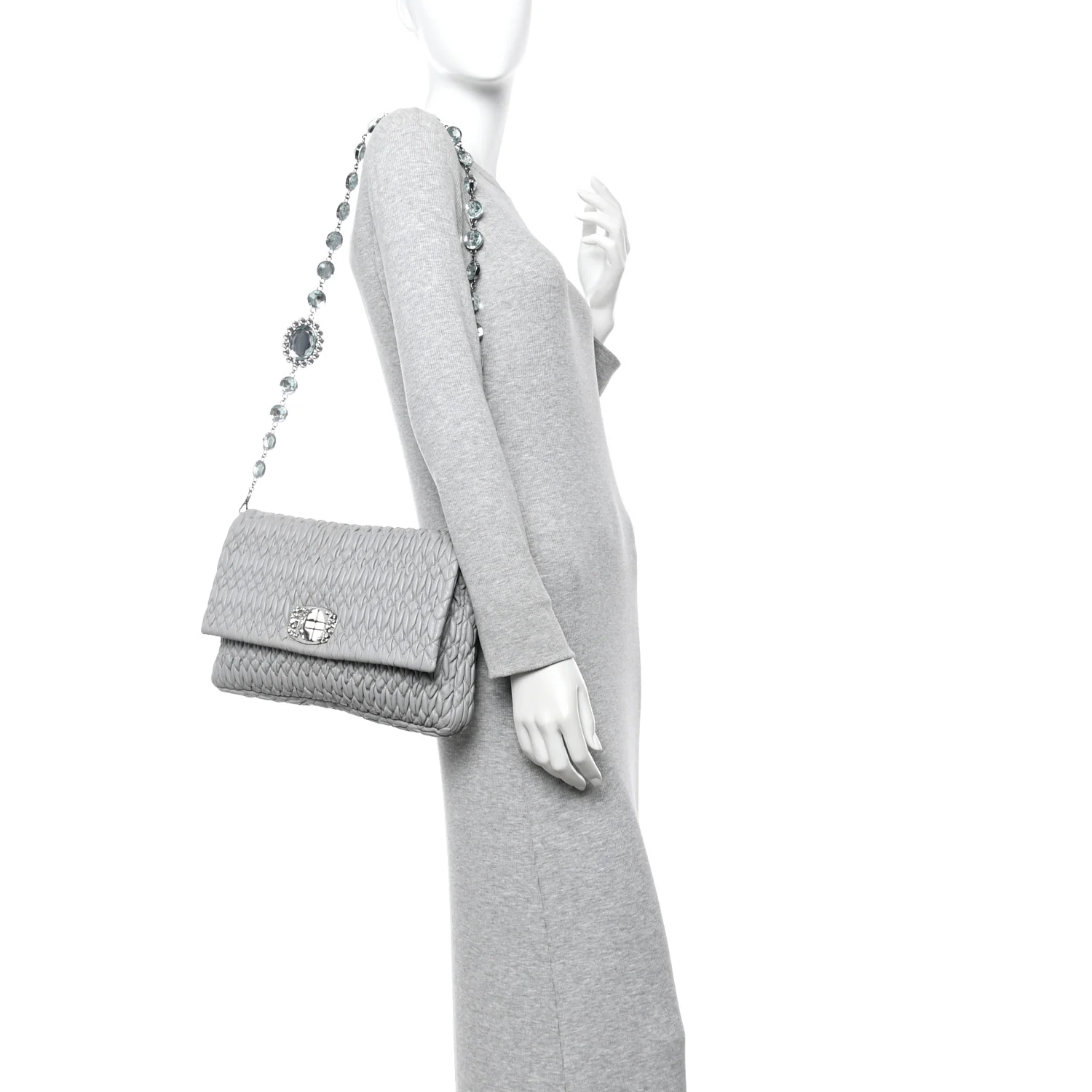 Nappa Matelasse Crystal Flap Clutch Grey