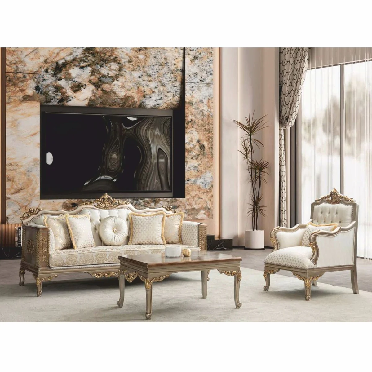 Luxury Baroque Coffee Table Gray / Gold 103 cm - Baroque Living Room Furniture
