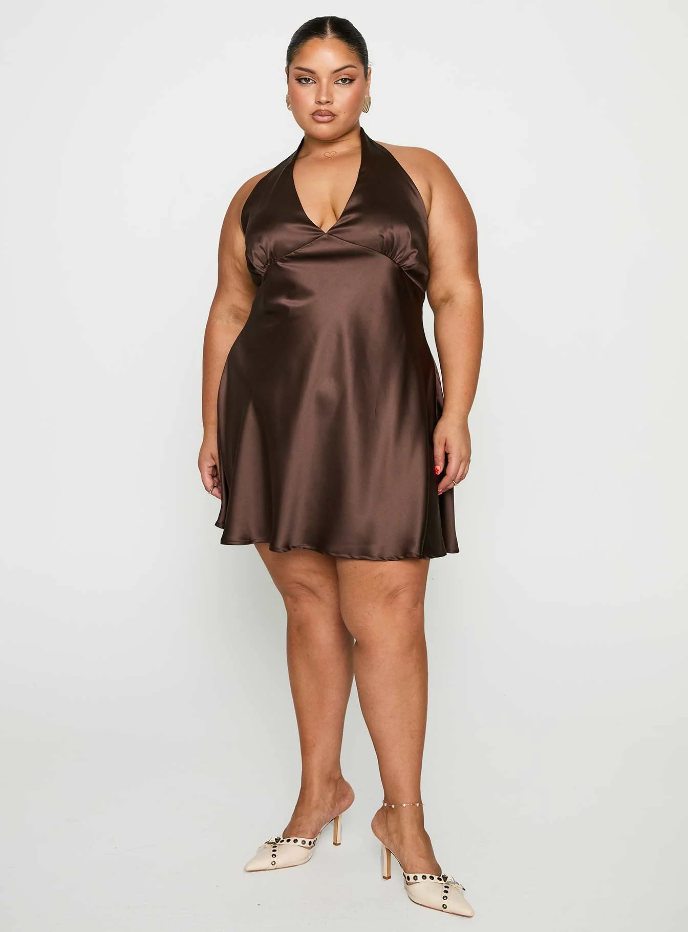 Pelagia Halter Scarf Tie Mini Dress Brown Curve