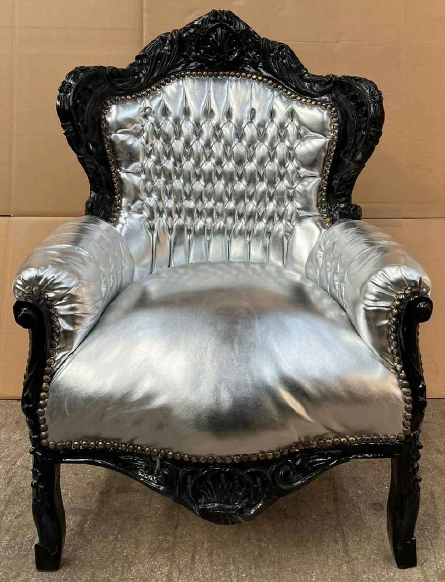 Baroque Armchair Silver / Black - Handmade Solid Wood Living Room Armchair with Faux Leather - Antique Style Living Room Armchair - Baroque Living Room Furniture