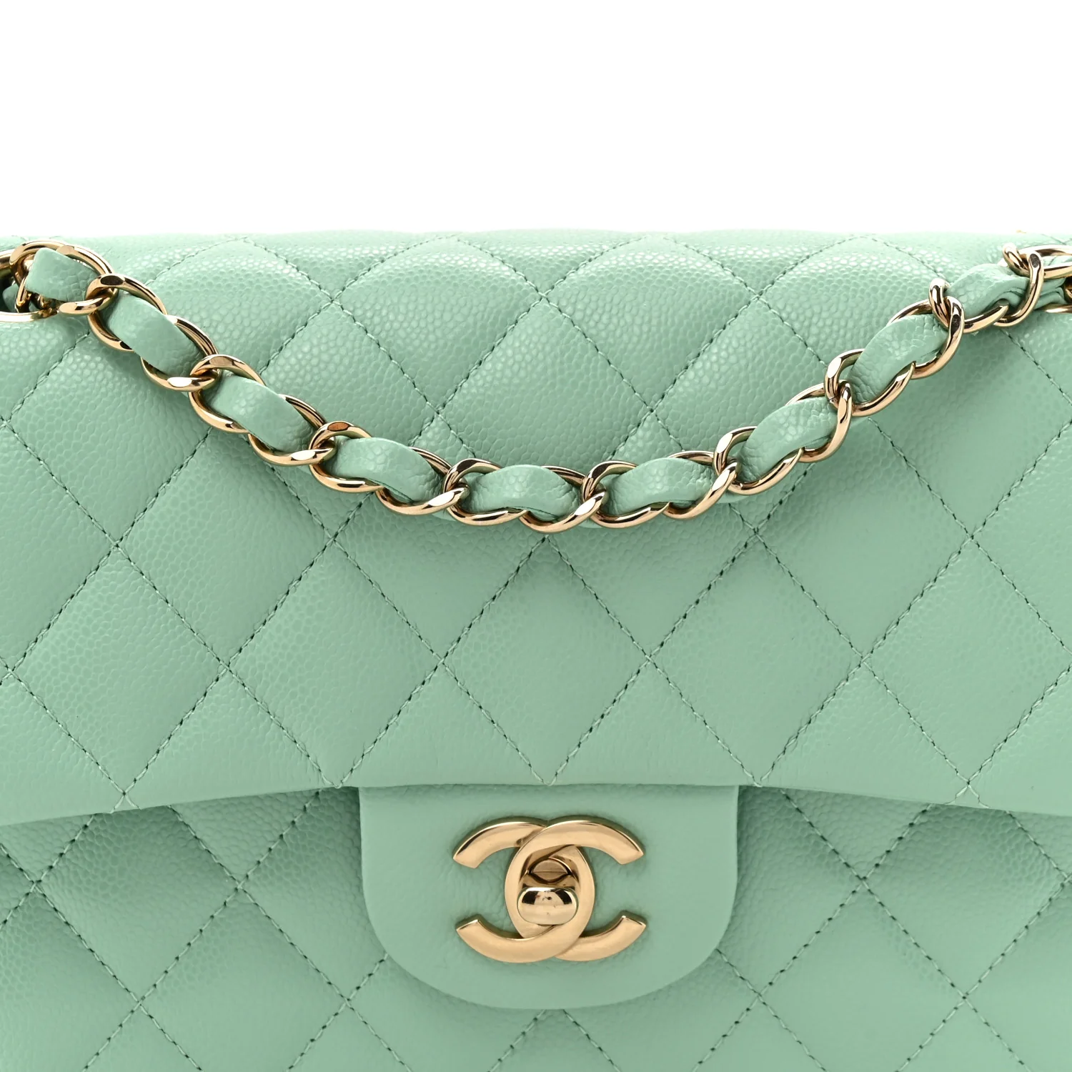 Caviar Quilted Small Double Flap Light Green - Top Club
