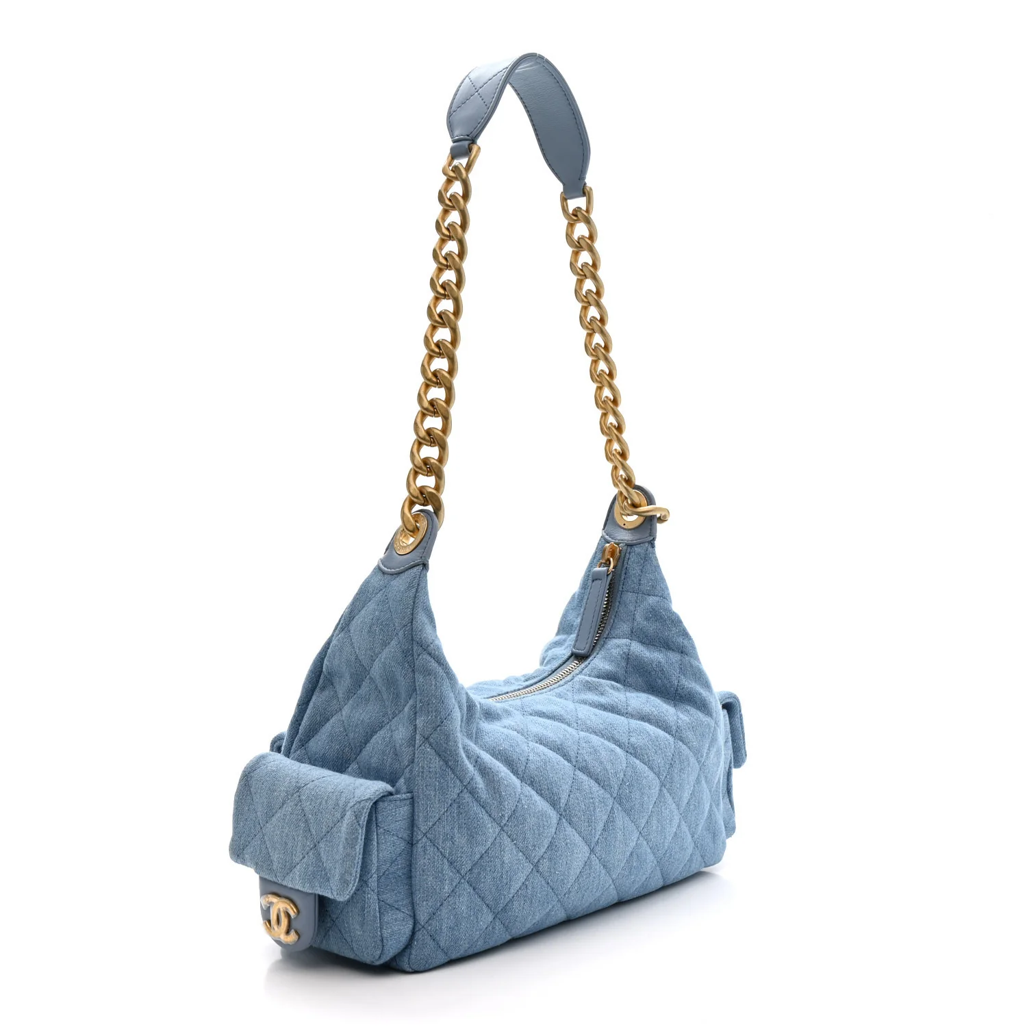 Washed Denim Quilted Large Trendy Pockets Hobo Blue - Top Club
