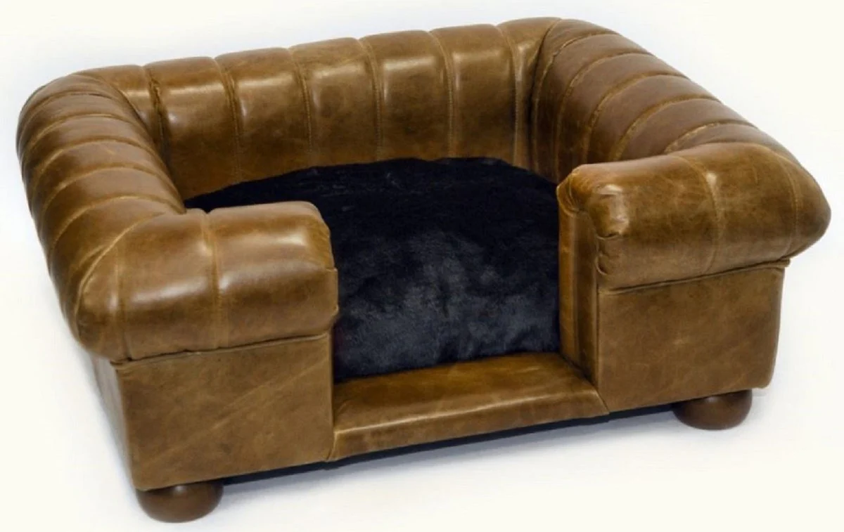 Luxury leather dog bed vintage brown / dark brown / black 109 x 89 x H. 37 cm - Rectangular genuine leather dog bed - Luxury genuine leather pet furniture