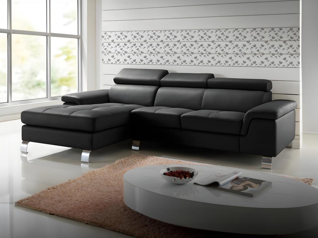 Sofa rinconero de piel negra y angulo izquierdo