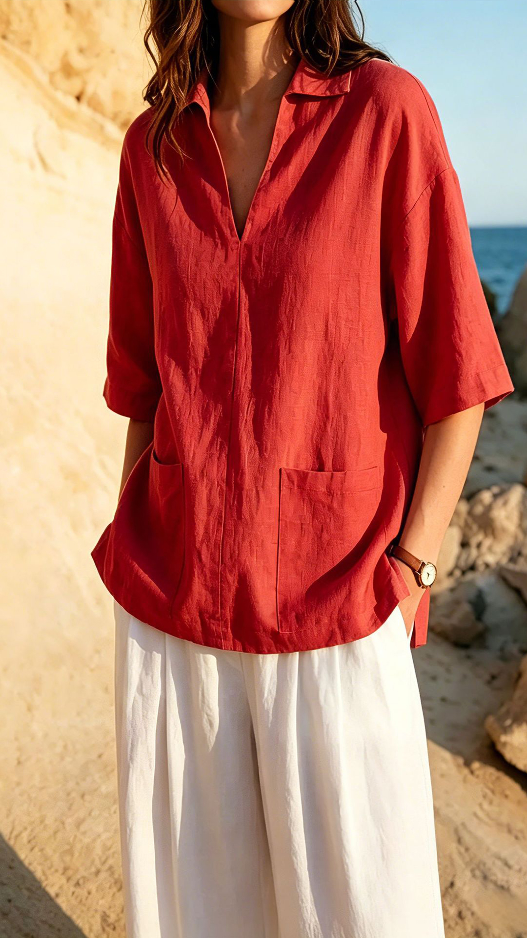 Women's Khaki Collared Mid-sleeve Cotton-blend Blouse - Nordfashionstorm - Women's Clothing, Fashion for You - Nordfashionstorm.com