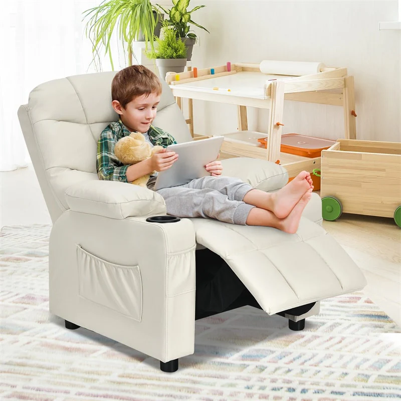 Kids Recliner Chair PU Leather Adjustable Lounge Sofa with Cup Holder, 3 Pockets & Retractable Footrest, Ergonomic Toddler Furniture Sofa