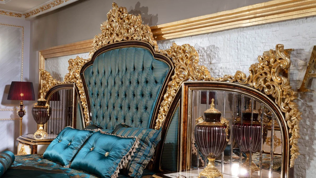 Luxury baroque bedroom set blue / white / brown / gold - 1 double bed with headboard & 2 bedside chests - bedroom furniture in baroque style - noble and magnificent