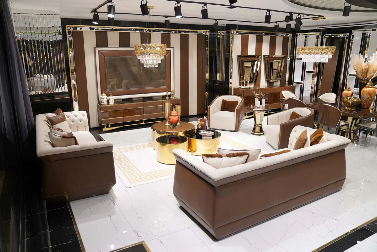 Luxury side table brown / gray / gold - mirrored 8-sided solid wood table - living room furniture - living room furnishings - luxury furniture - luxury furnishings - luxury quality