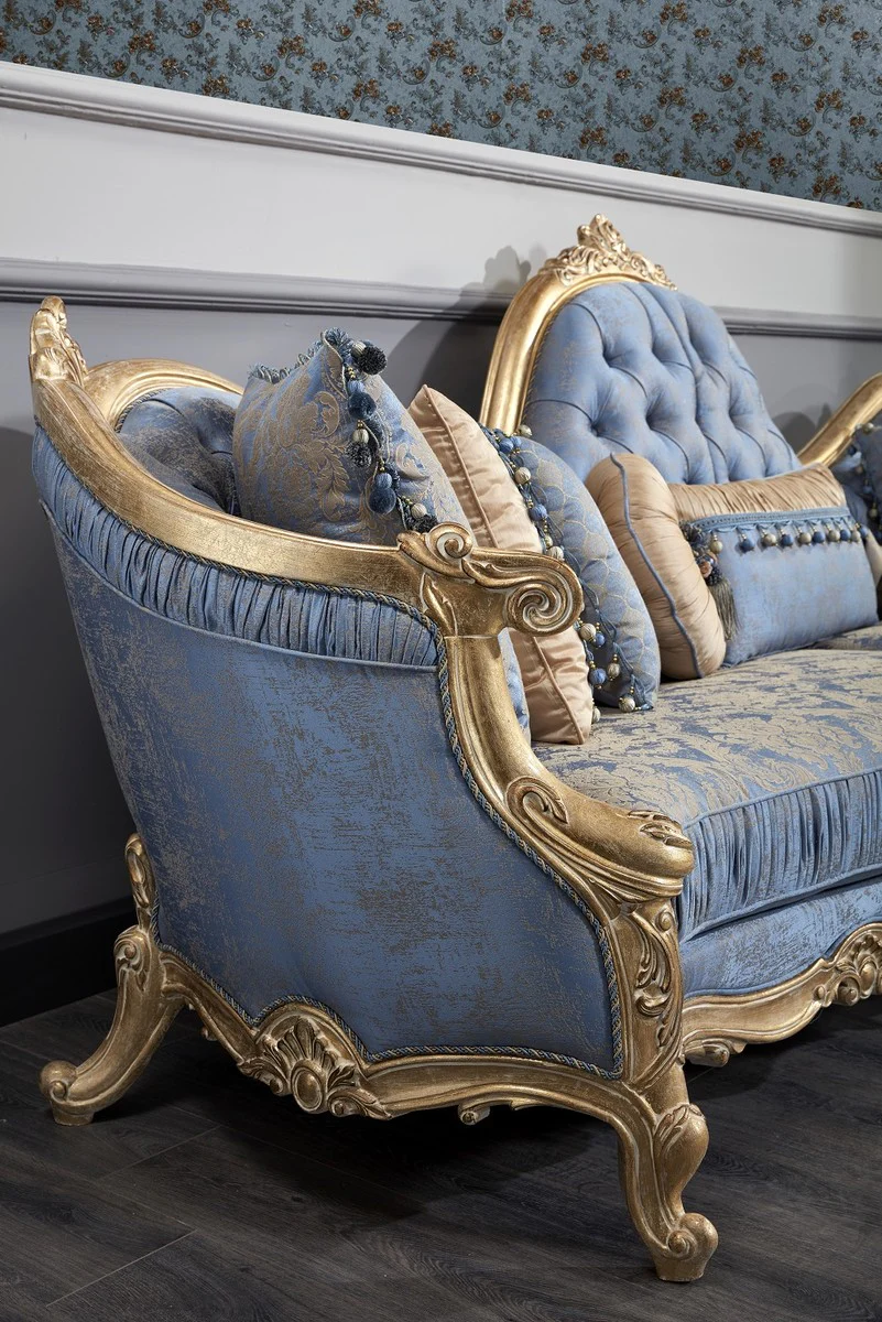 Luxury Baroque Living Room Set Light Blue / White / Antique Gold - 2 Sofas & 2 Armchairs & 1 Coffee Table & 2 Side Tables - Baroque Living Room Furniture - Noble & Magnificent