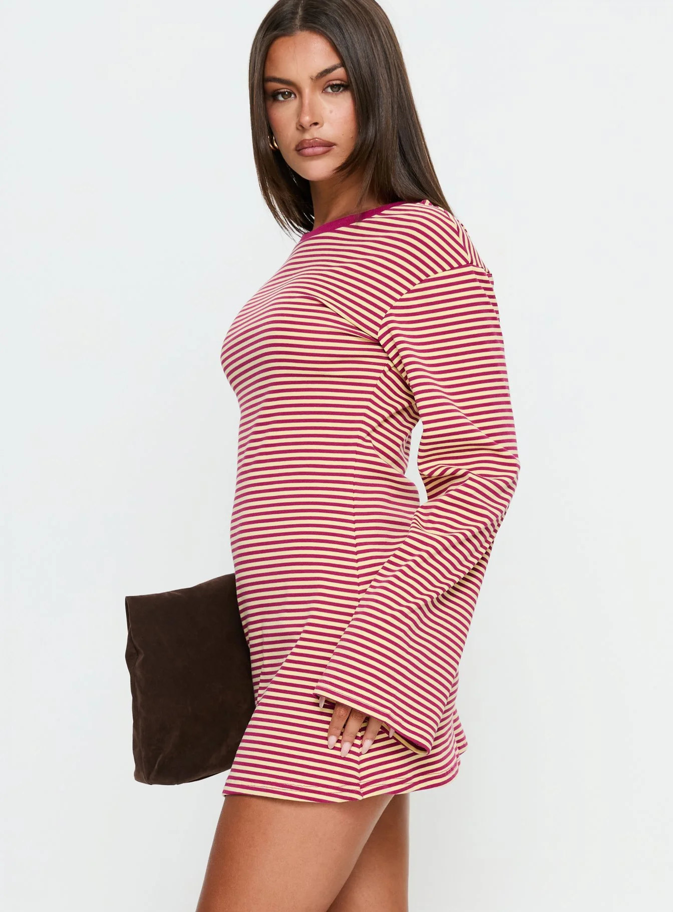 Lulolah Long Sleeve Mini Dress Lemon / Burgundy Stripe