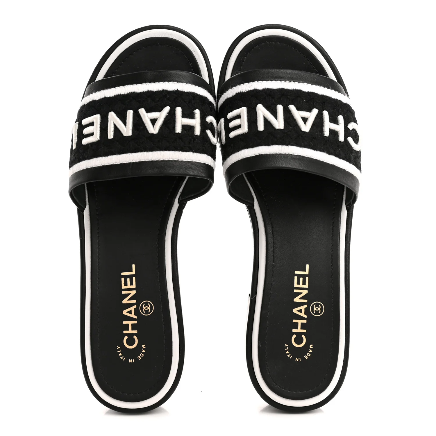 Lambskin Embroidered CC Mule Sandal 40 Black White