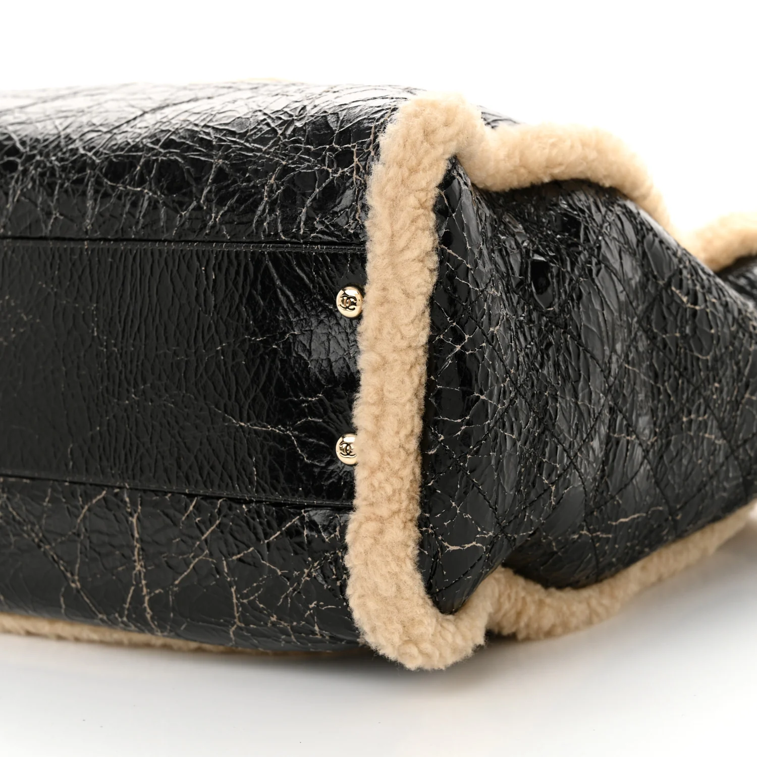 Shiny Crumpled Sheepskin Shearling CC Mania Tote Bag Black Beige - Top Club