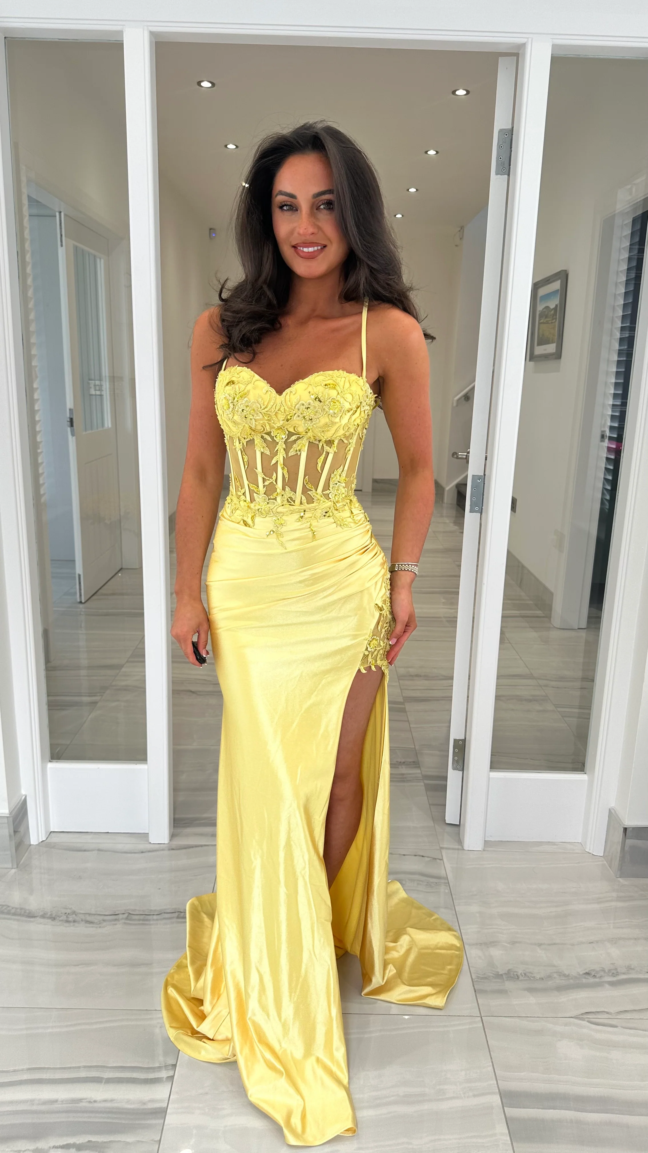 Yellow/Lemon Satin Corset Style Lace Split