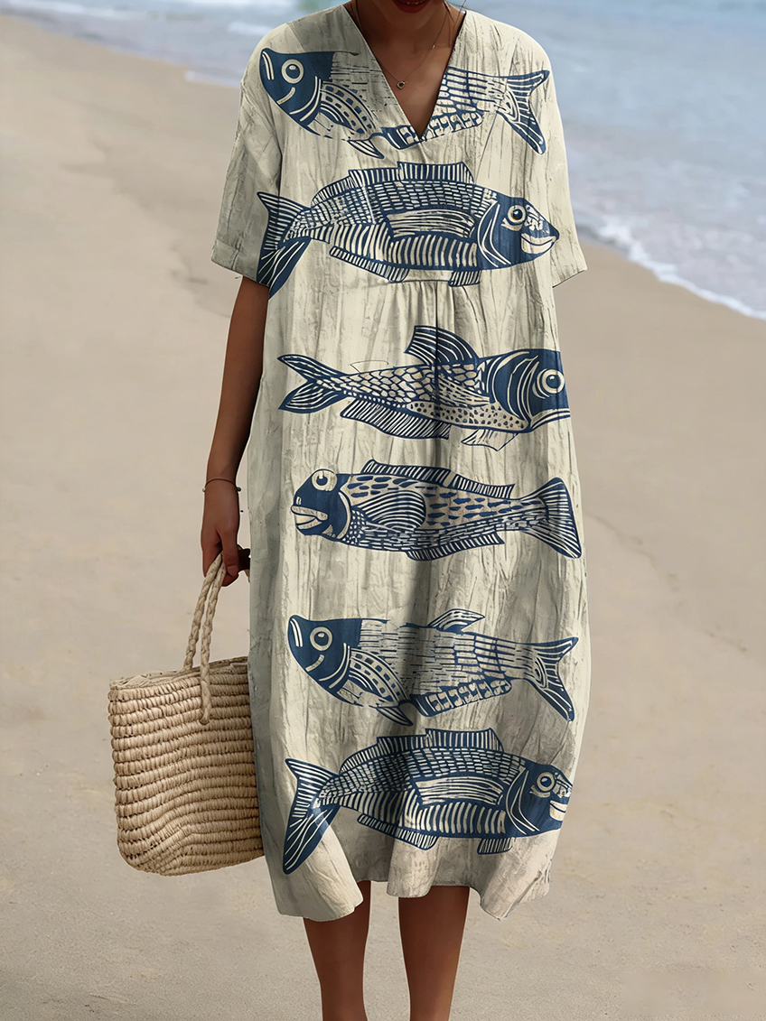 Women's Vintage Lovely Fish Art Print Flowy Dress - Nordfashionstorm - Women's Clothing, Fashion for You - Nordfashionstorm.com