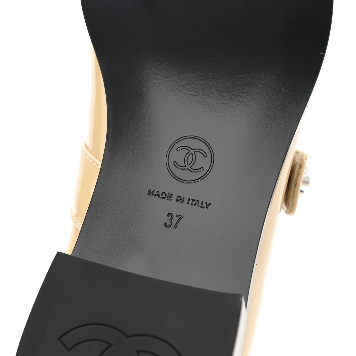 Patent Calfskin Mary Janes Flats 37 Beige Black - Top Club