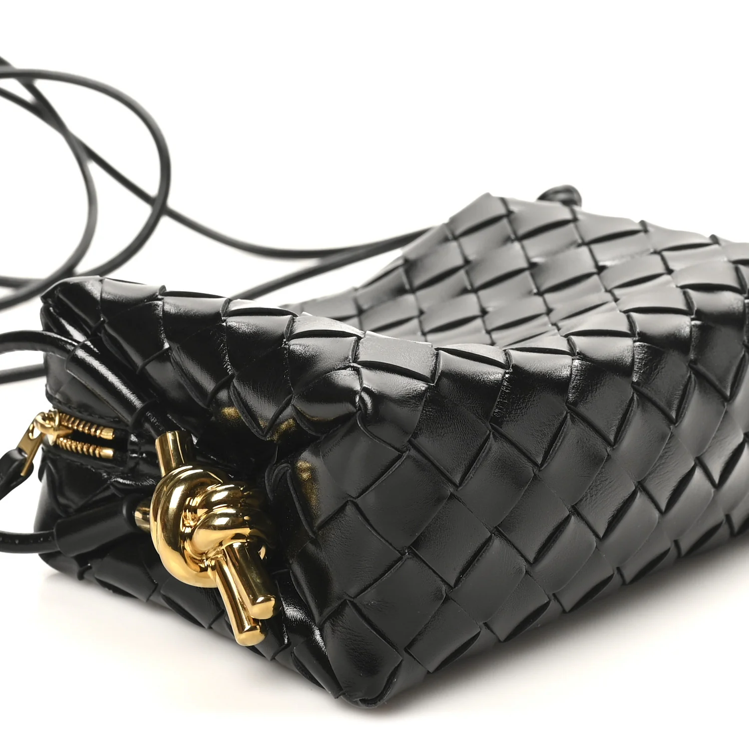 Polished Nappa Intrecciato Metallic Knot Mini Loop Camera Bag Black - Top Club
