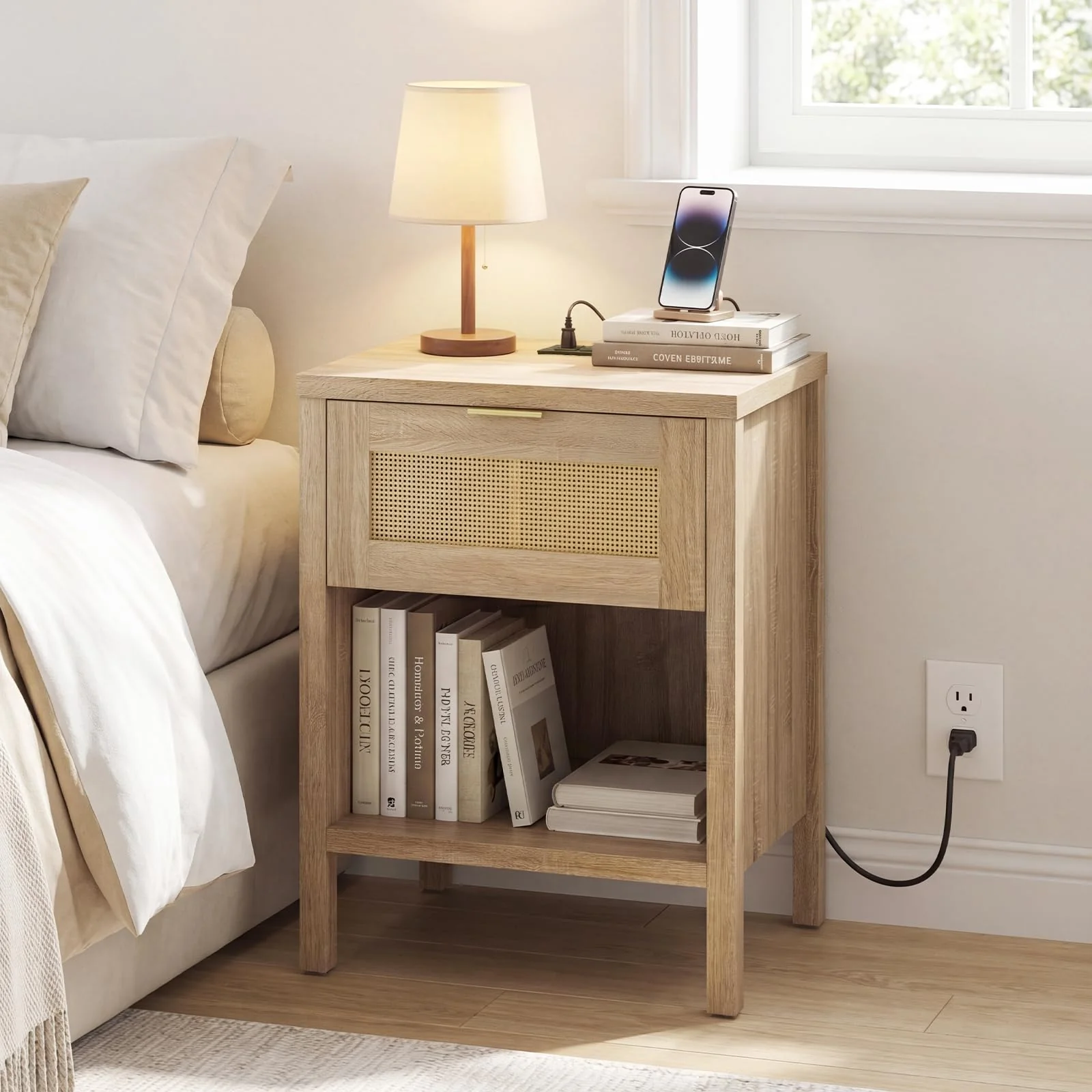 BEFOUNDLOVELY Rattan Nightstand with Charging Station