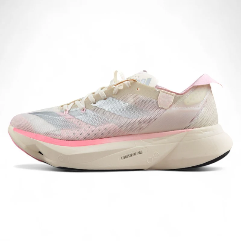 adidas Adizero Adios Pro 3 in Chalk White, Silver Metallic, and Clear Pink - Sneaker Replica Workshop