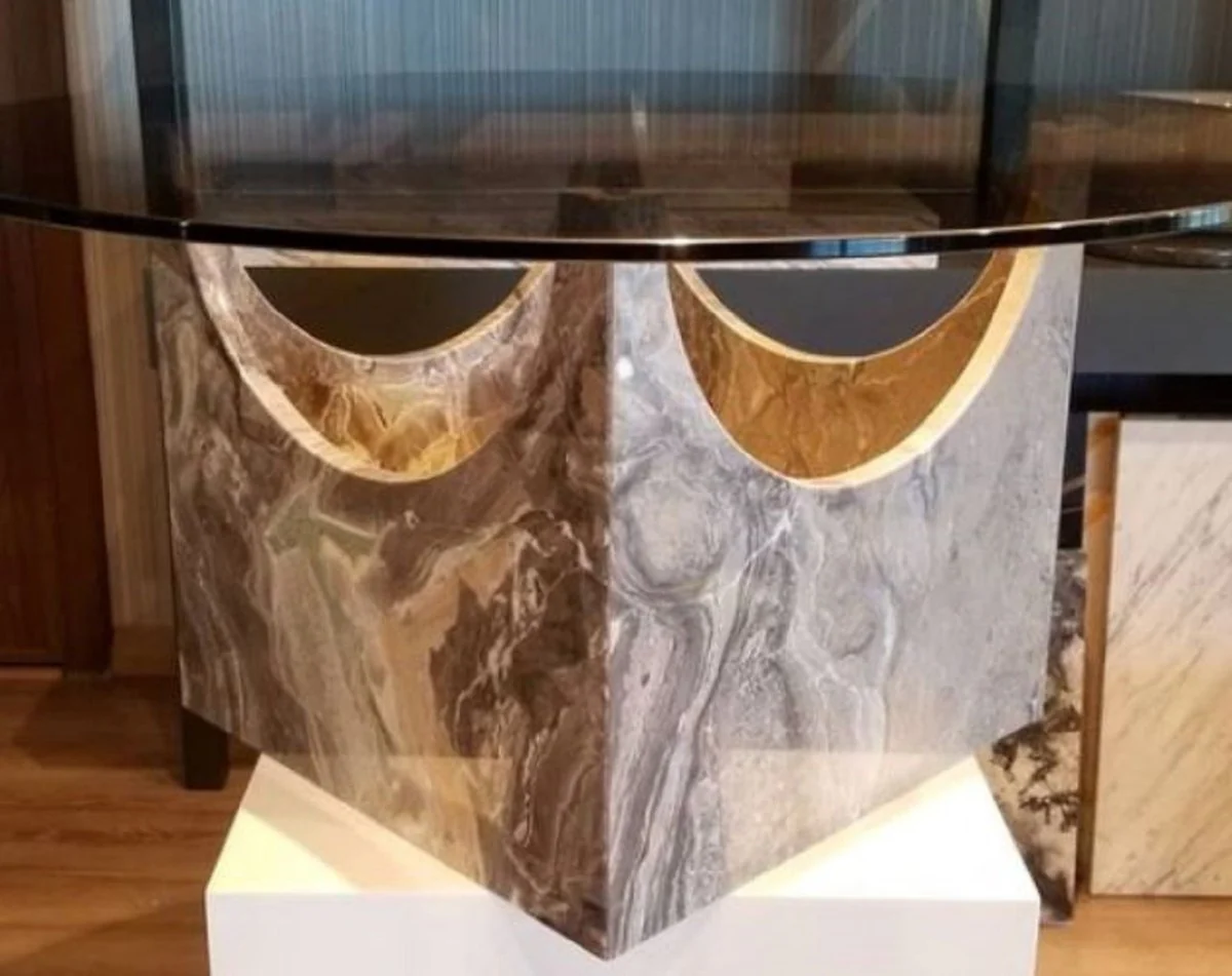 Luxury marble coffee table with glass top gray / bronze color Ø 90 x H. 43 cm - Round living room table made of high-quality marble - Luxury living room furniture