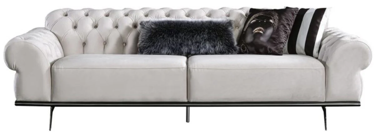 Luxury Art Deco Chesterfield living room sofa cream / silver 240 x 95 x H. 63 cm - Luxury living room furniture