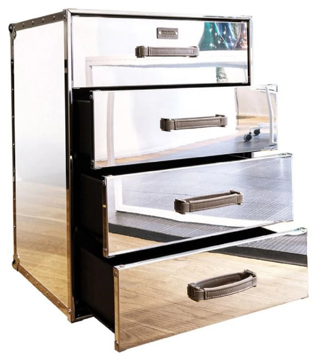 Luxury chest of drawers in suitcase design silver 52 x 43 x H. 75 cm - Handmade mirrored aluminum chest of drawers with 4 drawers and wheels - Living room & office furniture