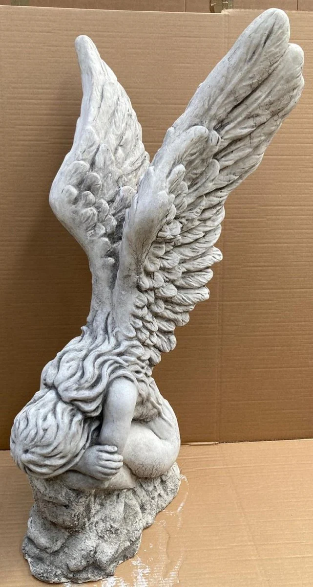 Baroque decorative sculpture woman with wings white / gray 56 x 63 x H. 110 cm - garden decorative stone figure - baroque garden & terrace decorative accessories