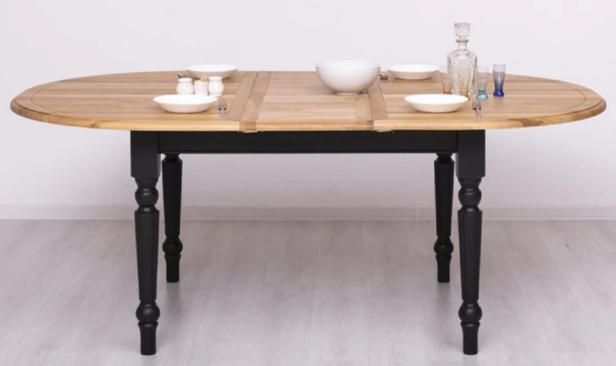 Country house style dining table natural colors / black 160-200 x 120 x H. 78 cm - Oval extendable solid wood kitchen table with oak table top - Dining room furniture in country house style