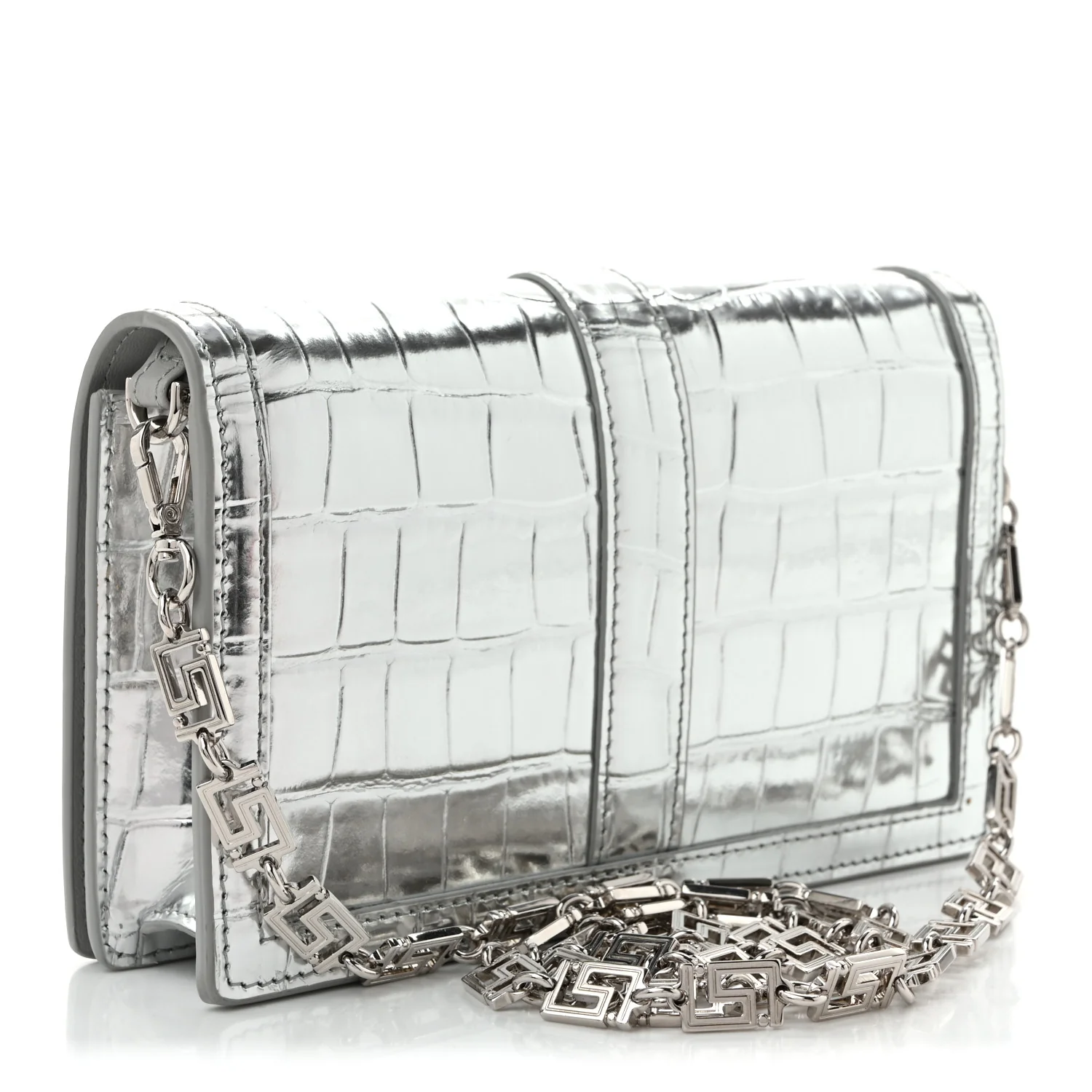 Metallic Crocodile Embossed Calfskin Greca Goddess Wallet On Chain Silver - Top Club