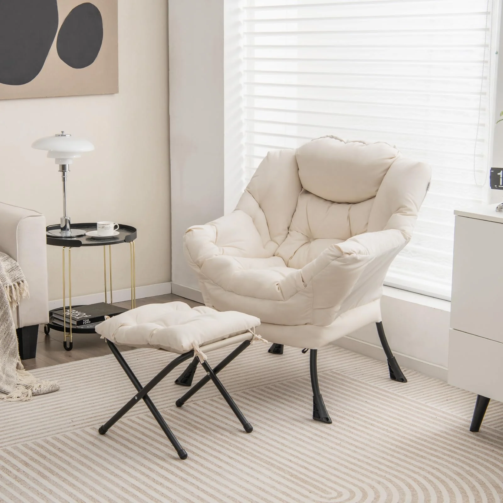 BEFOUNDLOVELY Lazy Sofa Chair with Ottoman, Upholstered Leisure Lounge Armchair with Folding Footrest, Side Storage Pocket