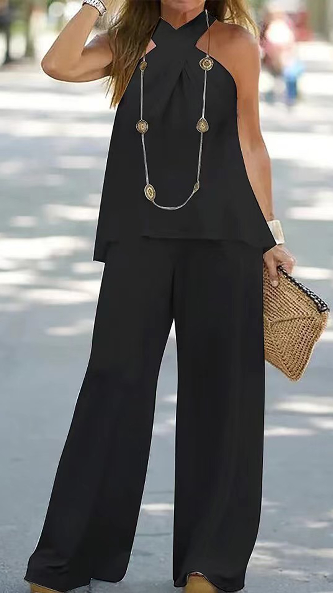 Women's Cotton‑blend Halter Cross‑neck Loose Top & Draping Wide‑leg Pants Set - Nordfashionstorm - Women's Clothing, Fashion for You - Nordfashionstorm.com