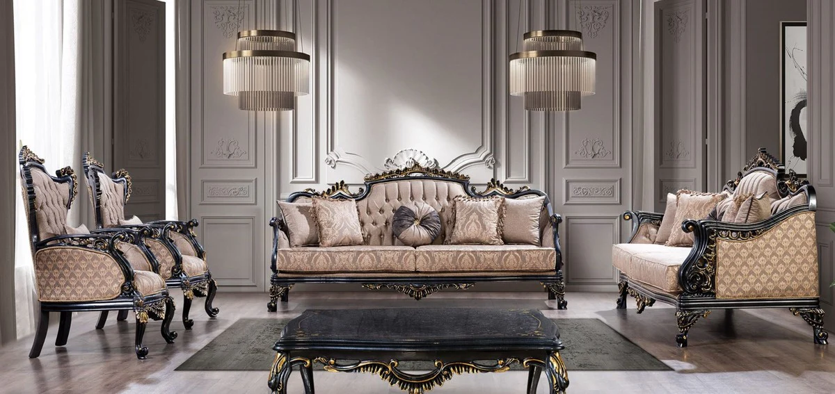 Luxury Baroque Living Room Set Gray / Blue / Gold - 2 Baroque Sofas & 2 Baroque Armchairs & 1 Baroque Coffee Table - Luxury Living Room Furniture in Baroque Style - Baroque Furniture - Noble & Magnificent