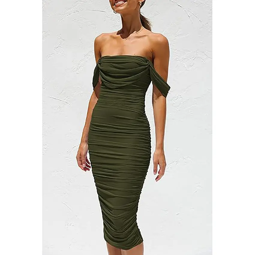 PrettyGarden Women's Summer Midi Dress Off Shoulder Ruched Bodycon Dresses Sleeveless Fitted Party Club Cocktail Womenswear