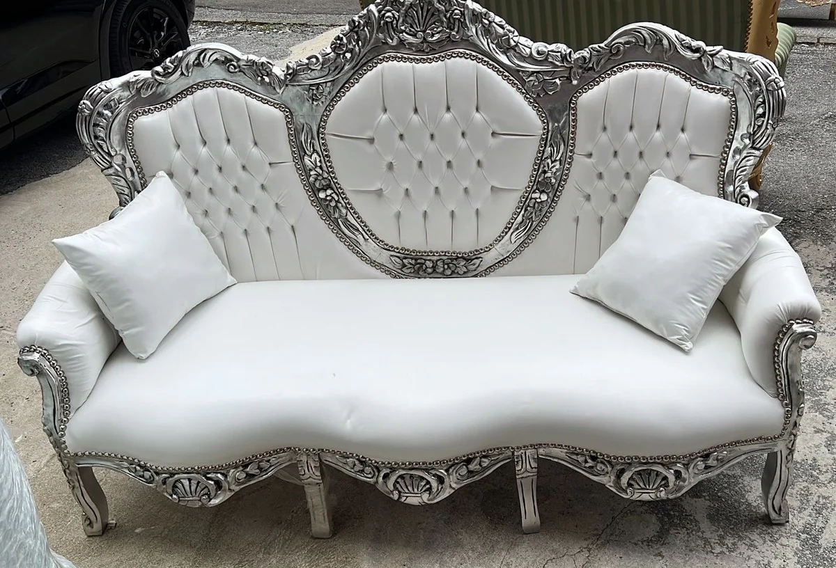 Baroque faux leather sofa white / silver 180 cm - Baroque living room furniture