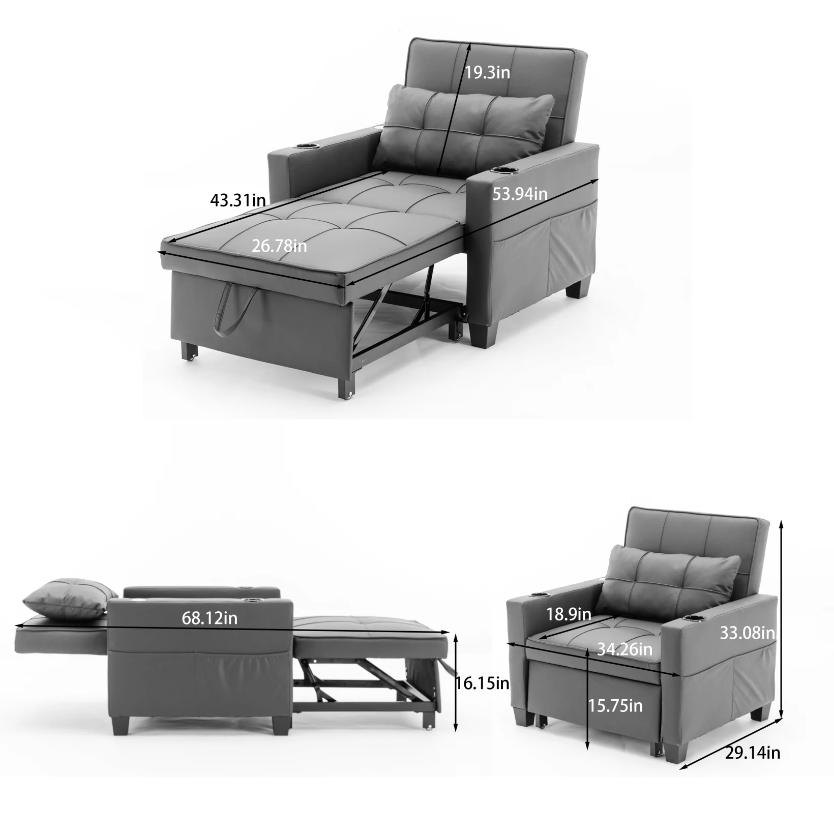 Convertible Futon Sofa Bed, 3 - in - 1 Multi - Functional Sleeper Chair Bed with USB Ports, Adjustable Backrest Recliner, for Living Room Bedroom Small Space, Tech Cloth, Dark Grey