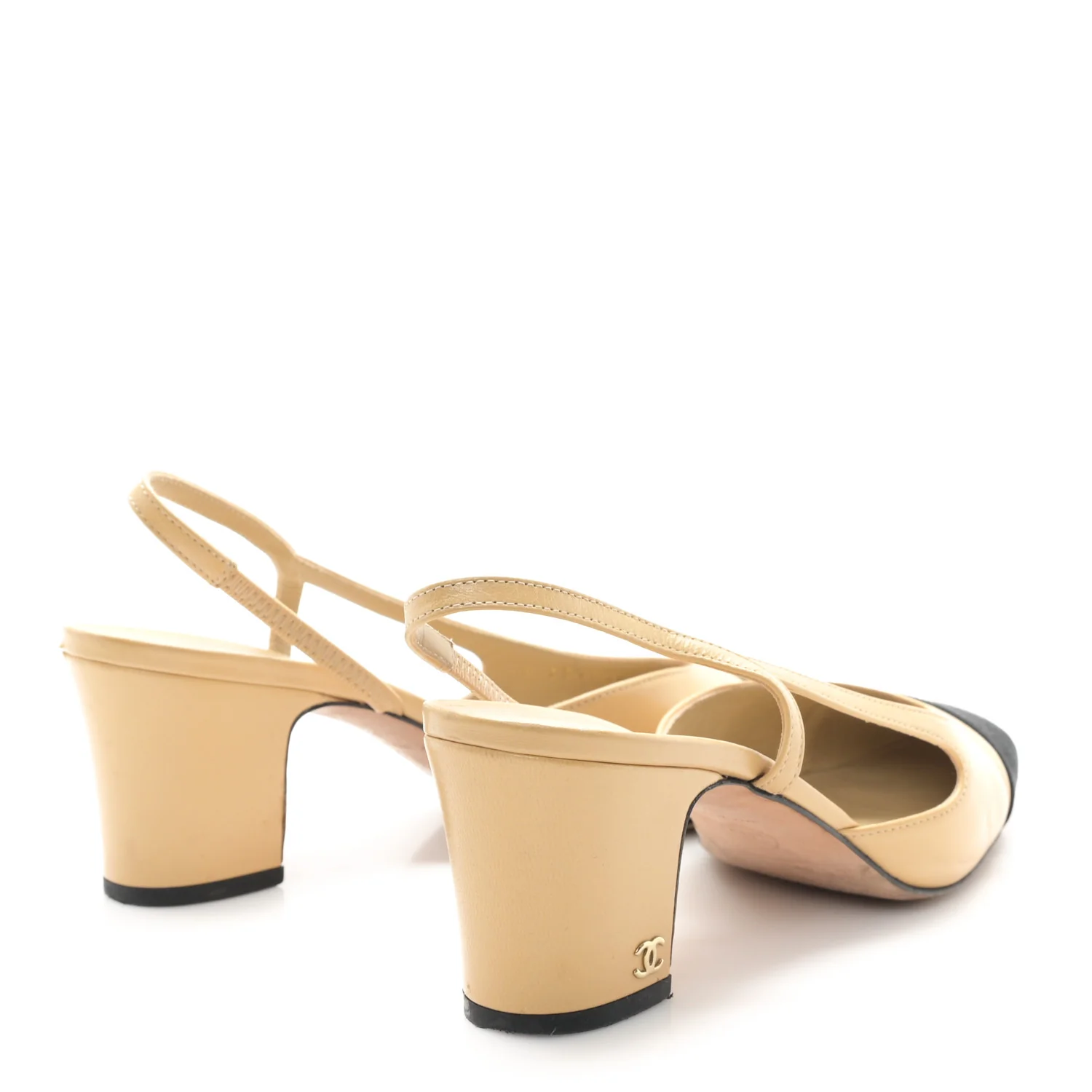 Goatskin Grosgrain Cap Toe CC Slingback Pumps 38.5 Beige Black - Top Club