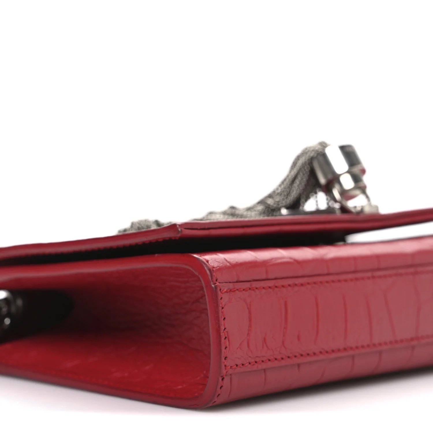Calfskin Crocodile Embossed Small Classic Monogram Kate Tassel Satchel Red - Top Club
