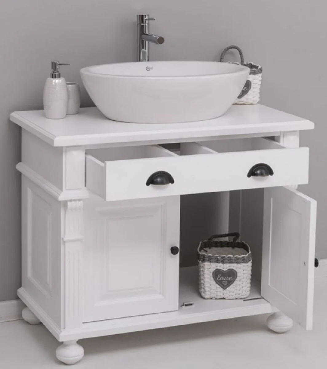 Country House Style Bathroom Set White - 1 Sink Cabinet & 1 Oval Ceramic Washbasin - Bathroom Furniture in Country House Style - Country House Style Furniture - Country House Style Bathroom Furnishings