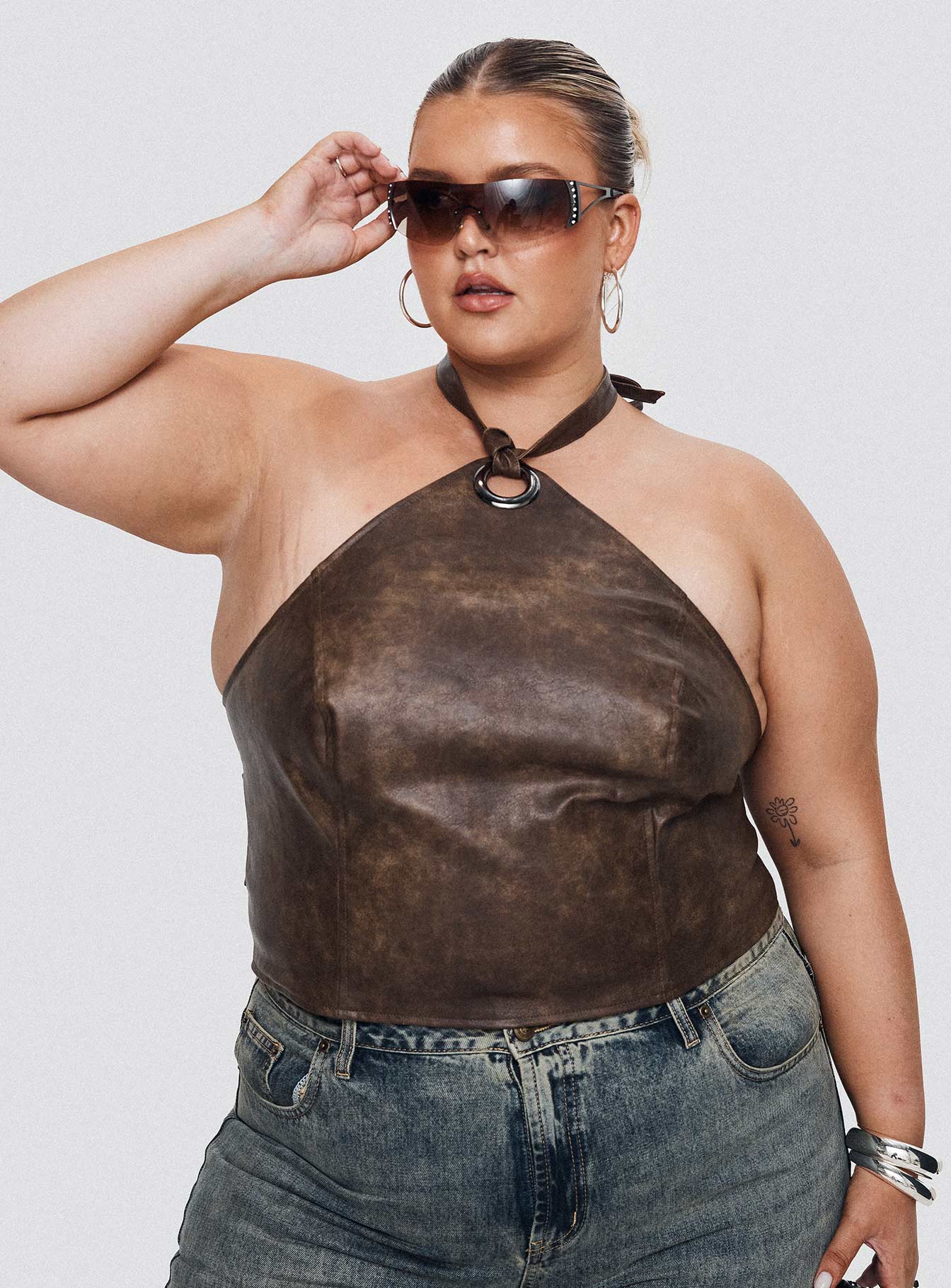 Treat You Better Ring Detail Faux Leather Top Brown Curve