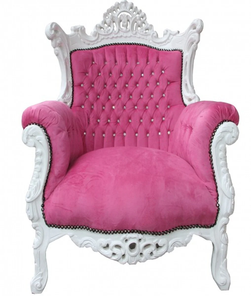 Baroque armchair Al Capone pink/white with bling bling rhinestones - antique style