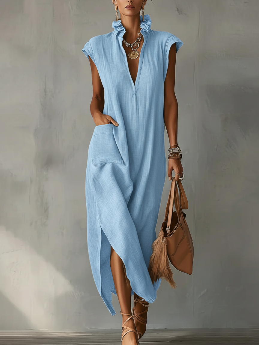 Women’s Ruffle Collar Cotton Linen Midi Dress – Elegant Summer Dress - Nordfashionstorm - Women's Clothing, Fashion for You - Nordfashionstorm.com