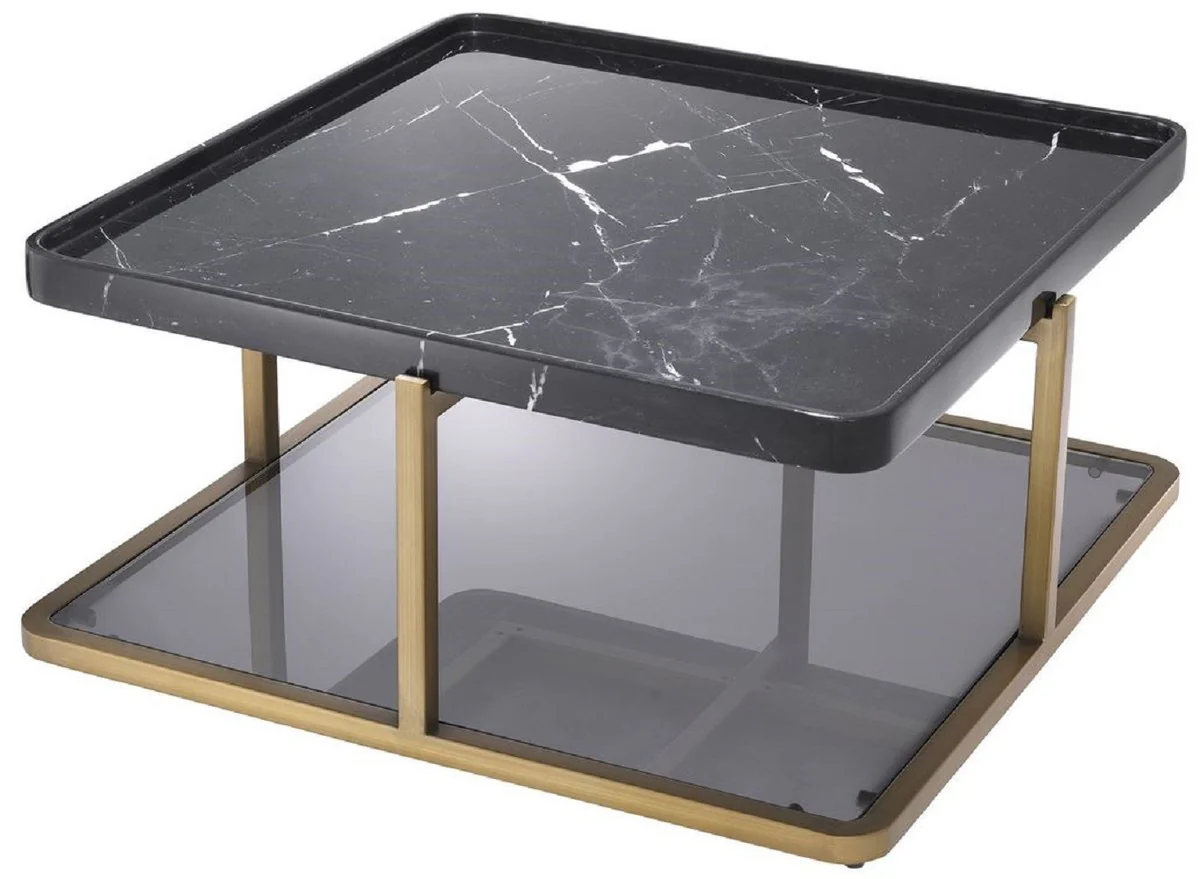 Luxury coffee table brass / black / gray 58 x 58 x H. 27.5 cm - Modern stainless steel living room table with marble top and tinted glass top - Luxury furniture