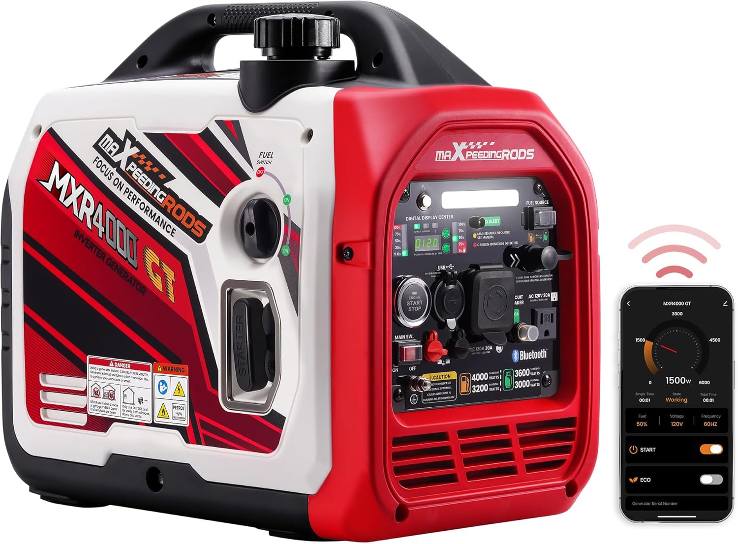 maXpeedingrods Generatore di Corrente Silenziato GPL e Benzina 3500W Inverter con App Bluetooth® Telecomando Portatile 4 Tempi Generatore Emergenza per all'Aperto Campeggio Partito Cantiere Garage