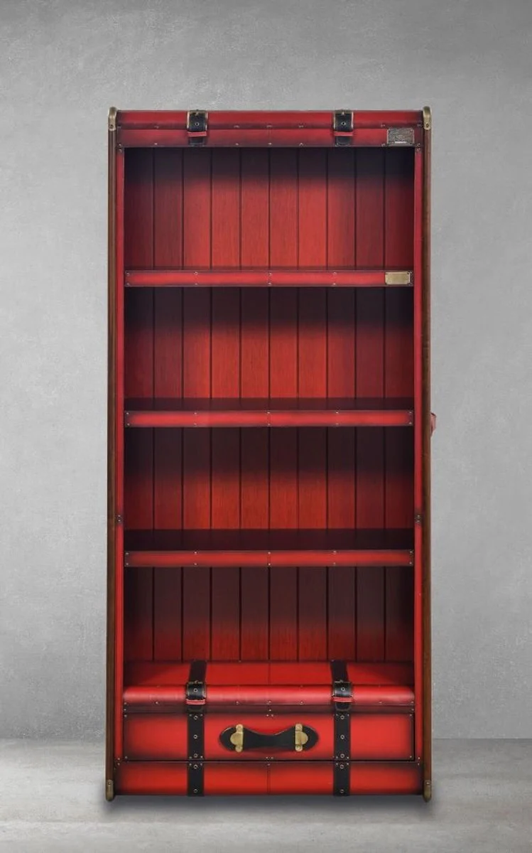 Luxury shelf cabinet in suitcase look red / black / brown / brass 84 x 35 x H. 187.5 cm - solid wood cabinet with real leather - office cabinet - office furniture - luxury furniture in suitcase look