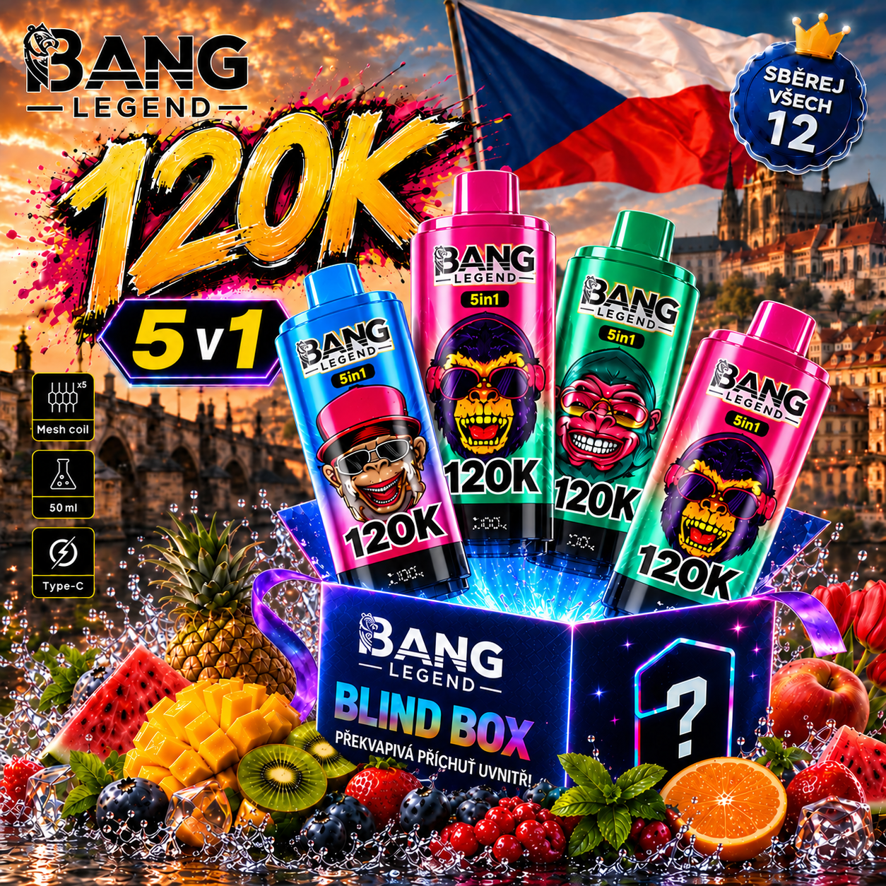 🔥🔥Nejsilnější upgrade! Bang Legend vape 120 000 potahů | jednorázové vape 5 v 1 s příchutí