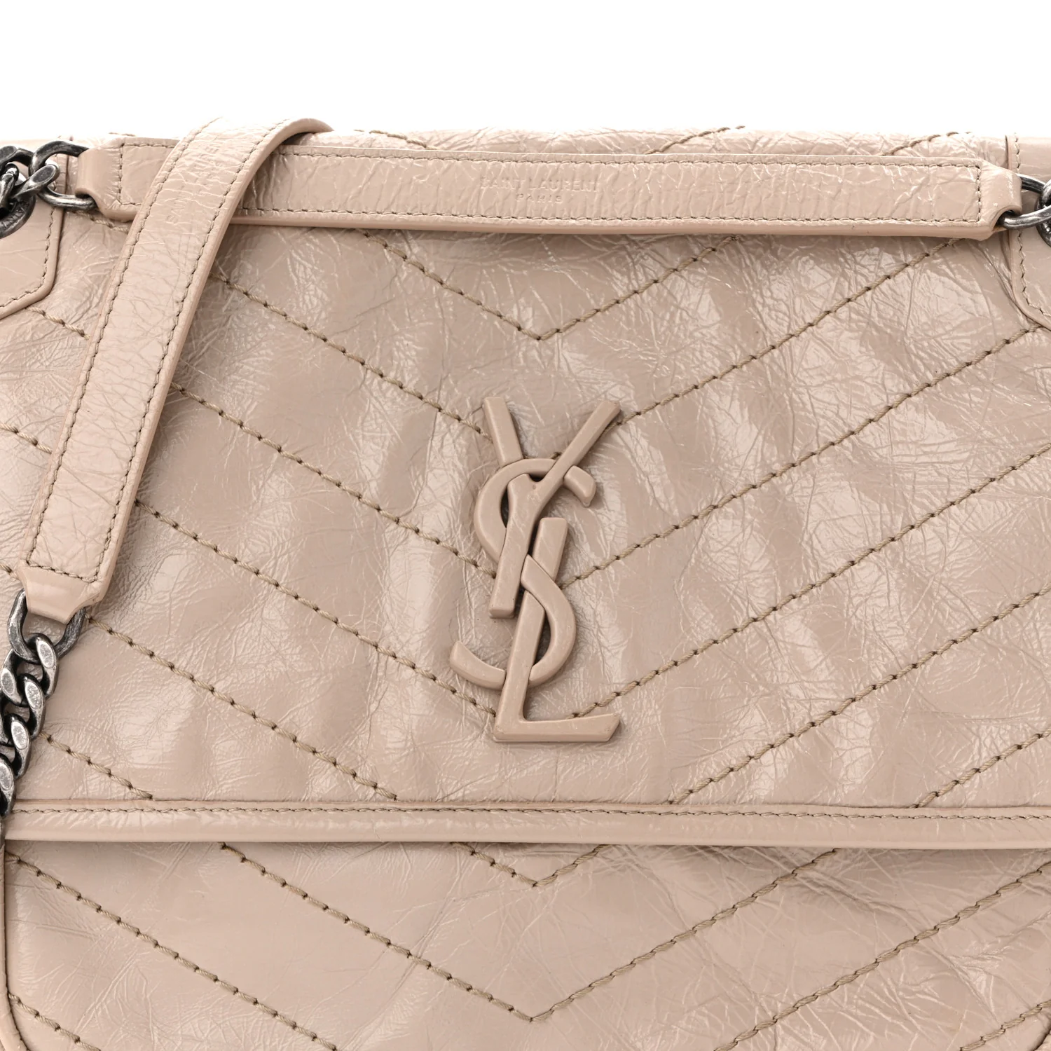 Crinkled Calfskin Matelasse Monogram Medium Niki Chain Satchel Light Natural - Top Club