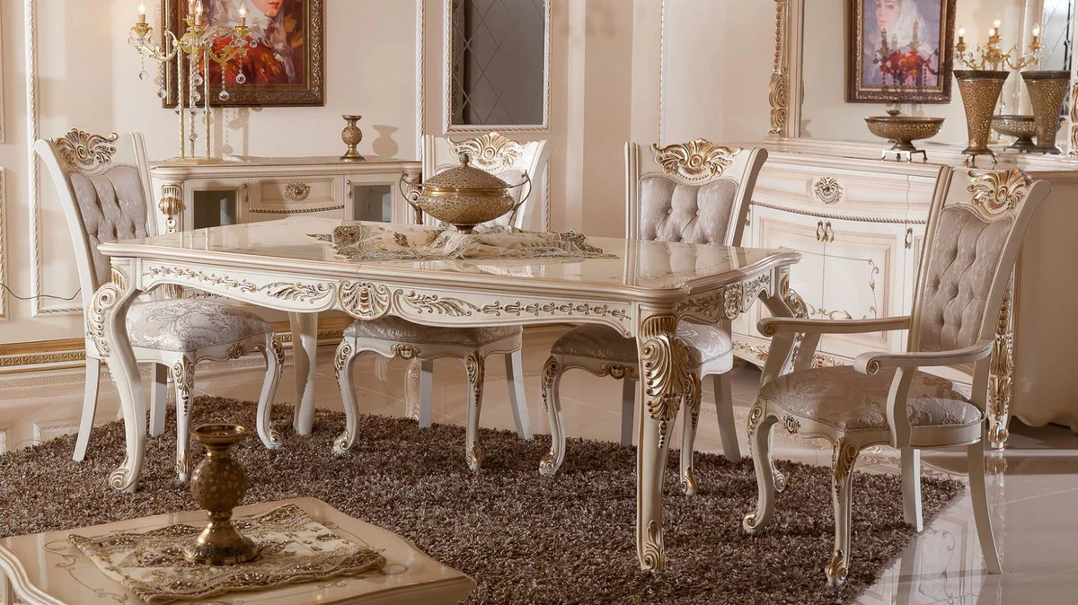 Luxury Baroque Dining Table White / Beige / Gold - Rectangular Baroque Style Kitchen Table - Luxury Dining Room Furniture in Baroque Style - Baroque Dining Room Furniture - Baroque Furnishings