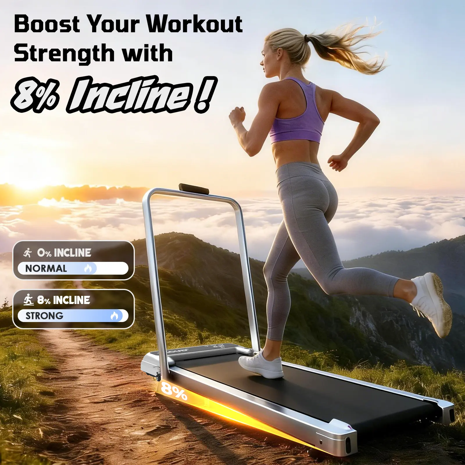 【Colorful Handrail】 YAGUD Upgraded Folding Treadmill, Low Noise Motor – 265lbs Weight Capacity Spacious Belt Walking Pad, Dual Shock Absorption, Remote Control & Wheels for Easy Moving – Includes Free Resistance Bands